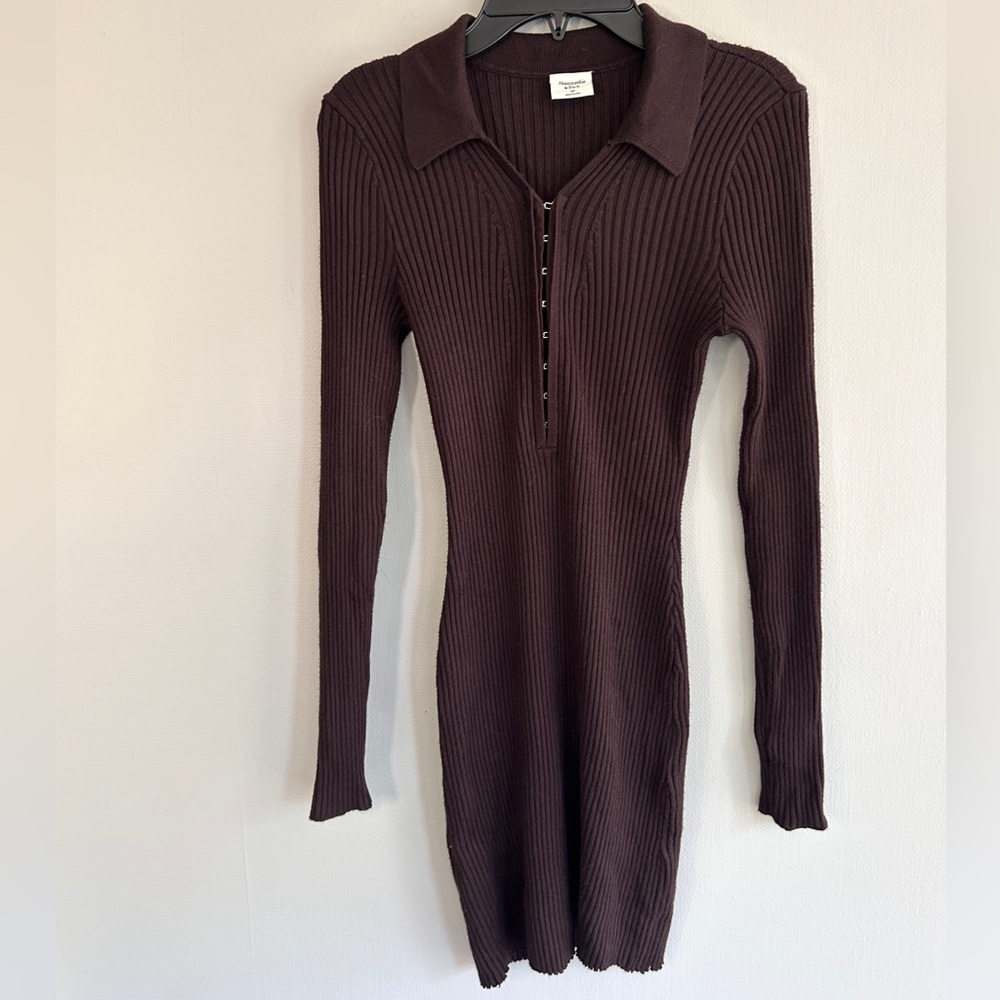 Y2K ABERCROMBIE & FITCH Chocolate Brown Ribbed Knit Polo Bodycon Mini Dress Sz S - Picture 3 of 10